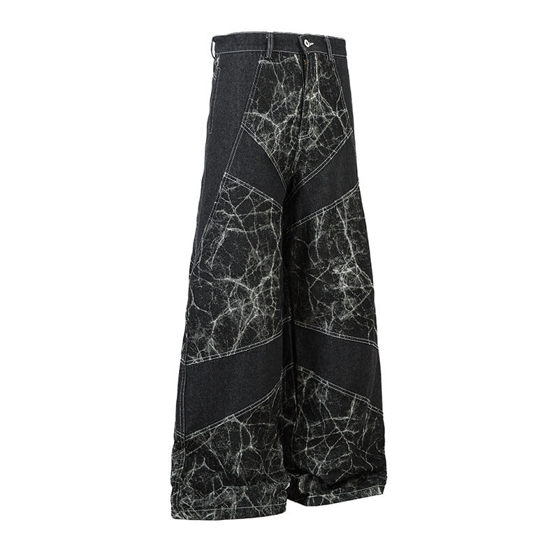 Vintage Patchwork Wide-Leg Jeans – Water-Washed Casual Denim Pants