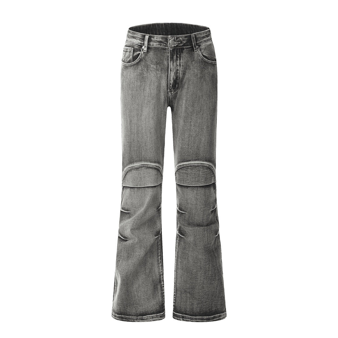 Vintage Washed Distressed Pleated Jeans – Gray Cotton Denim