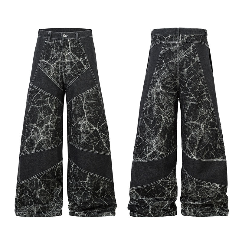 Vintage Patchwork Wide-Leg Jeans – Water-Washed Casual Denim Pants