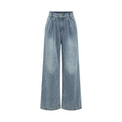 Women’s Faded Wide-Leg Denim Jeans High Waist, Non-Stretch, Loose Fit