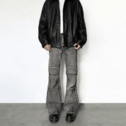 Vintage Washed Distressed Pleated Jeans – Gray Cotton Denim