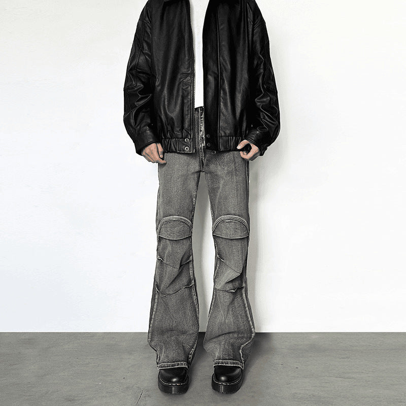 Vintage Washed Distressed Pleated Jeans – Gray Cotton Denim