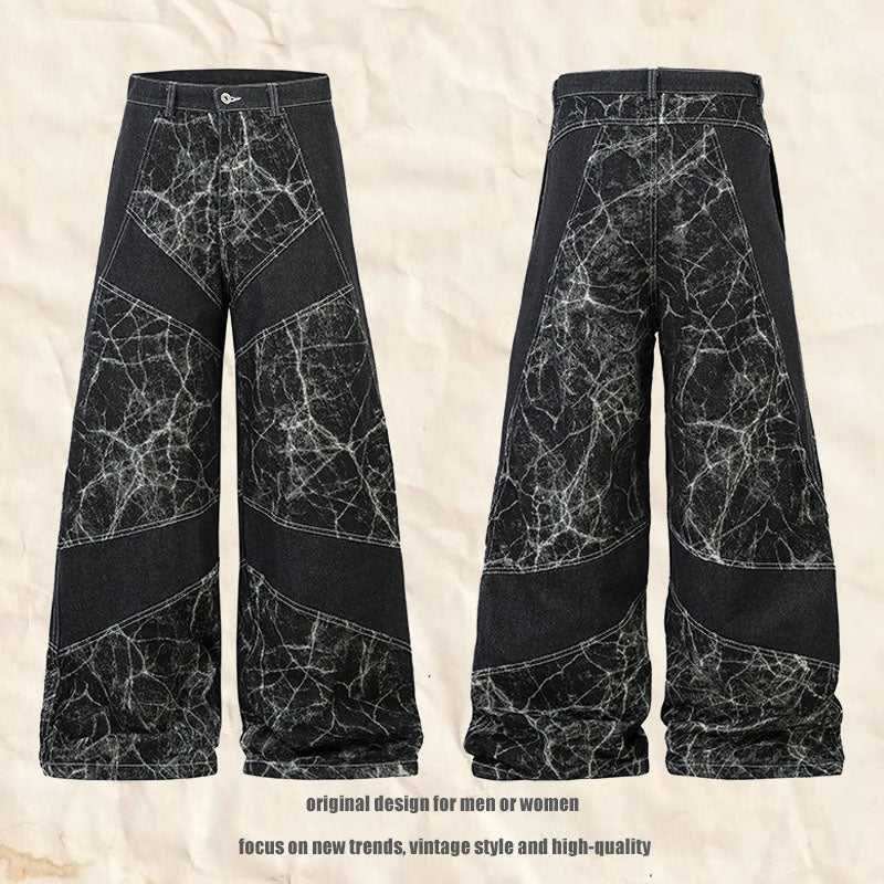 Vintage Patchwork Wide-Leg Jeans – Water-Washed Casual Denim Pants