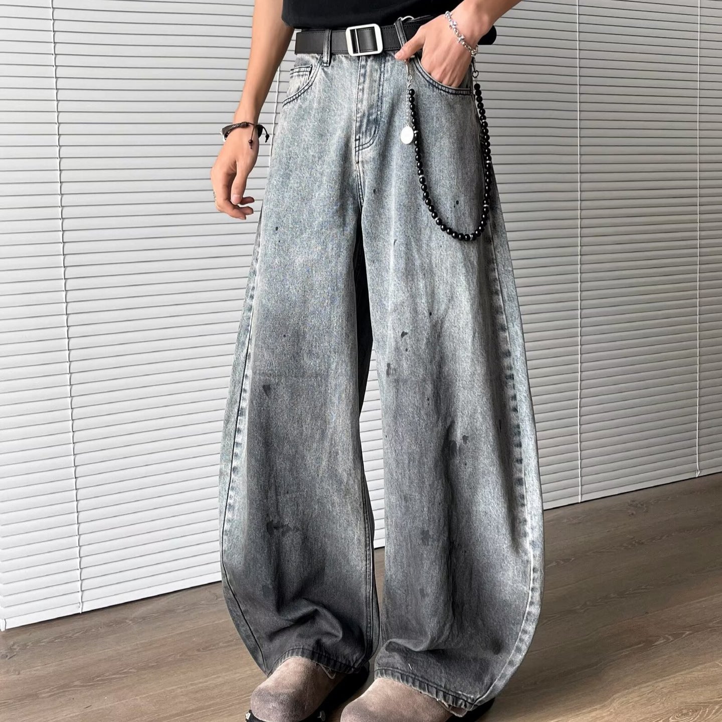Vintage Blue-Gray Wide Leg Denim Pants – Loose Fit Unisex