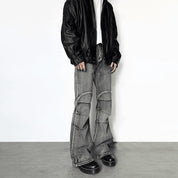 Vintage Washed Distressed Pleated Jeans – Gray Cotton Denim