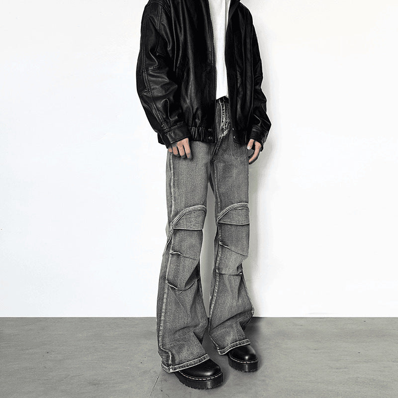 Vintage Washed Distressed Pleated Jeans – Gray Cotton Denim