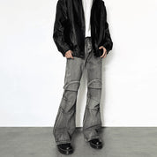 Vintage Washed Distressed Pleated Jeans – Gray Cotton Denim