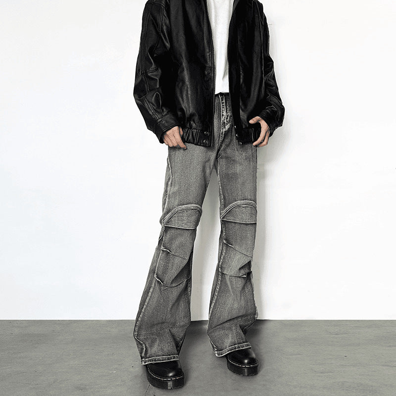 Vintage Washed Distressed Pleated Jeans – Gray Cotton Denim