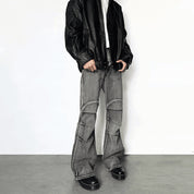 Vintage Washed Distressed Pleated Jeans – Gray Cotton Denim