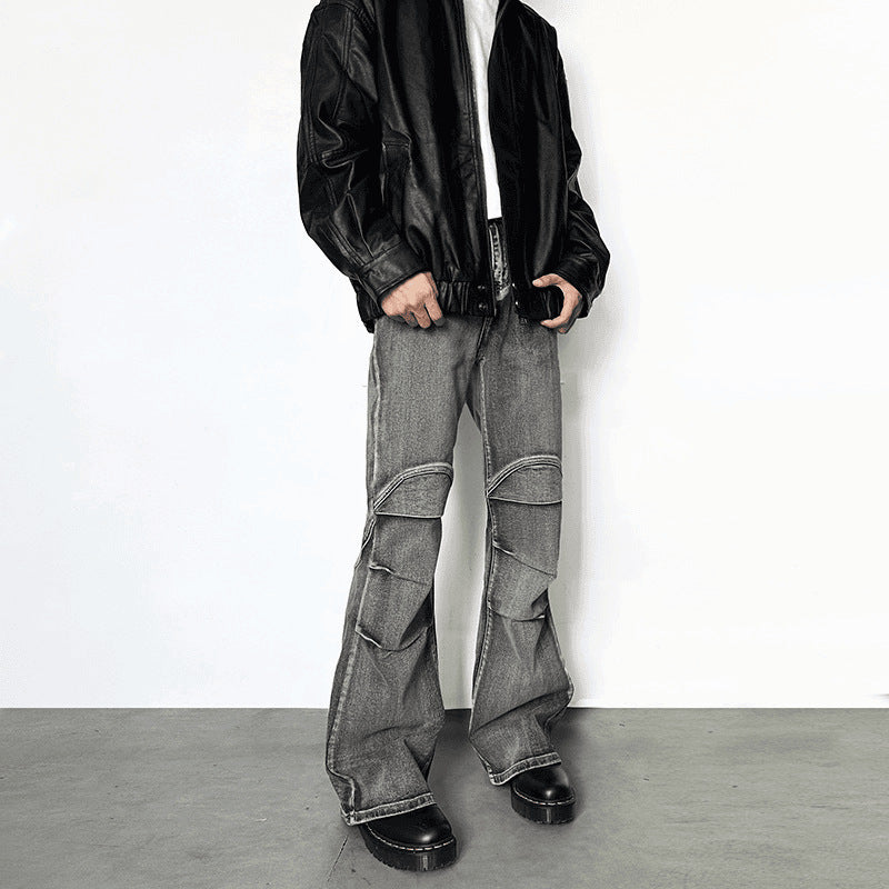 Vintage Washed Distressed Pleated Jeans – Gray Cotton Denim