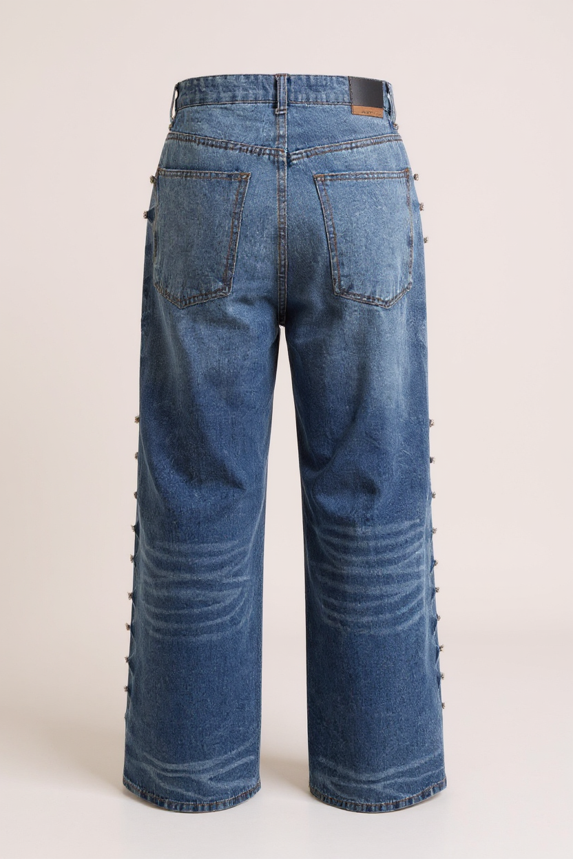 Women’s Loose Fit Blue Denim Jeans with Rivet Detail