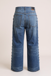 Women’s Loose Fit Blue Denim Jeans with Rivet Detail